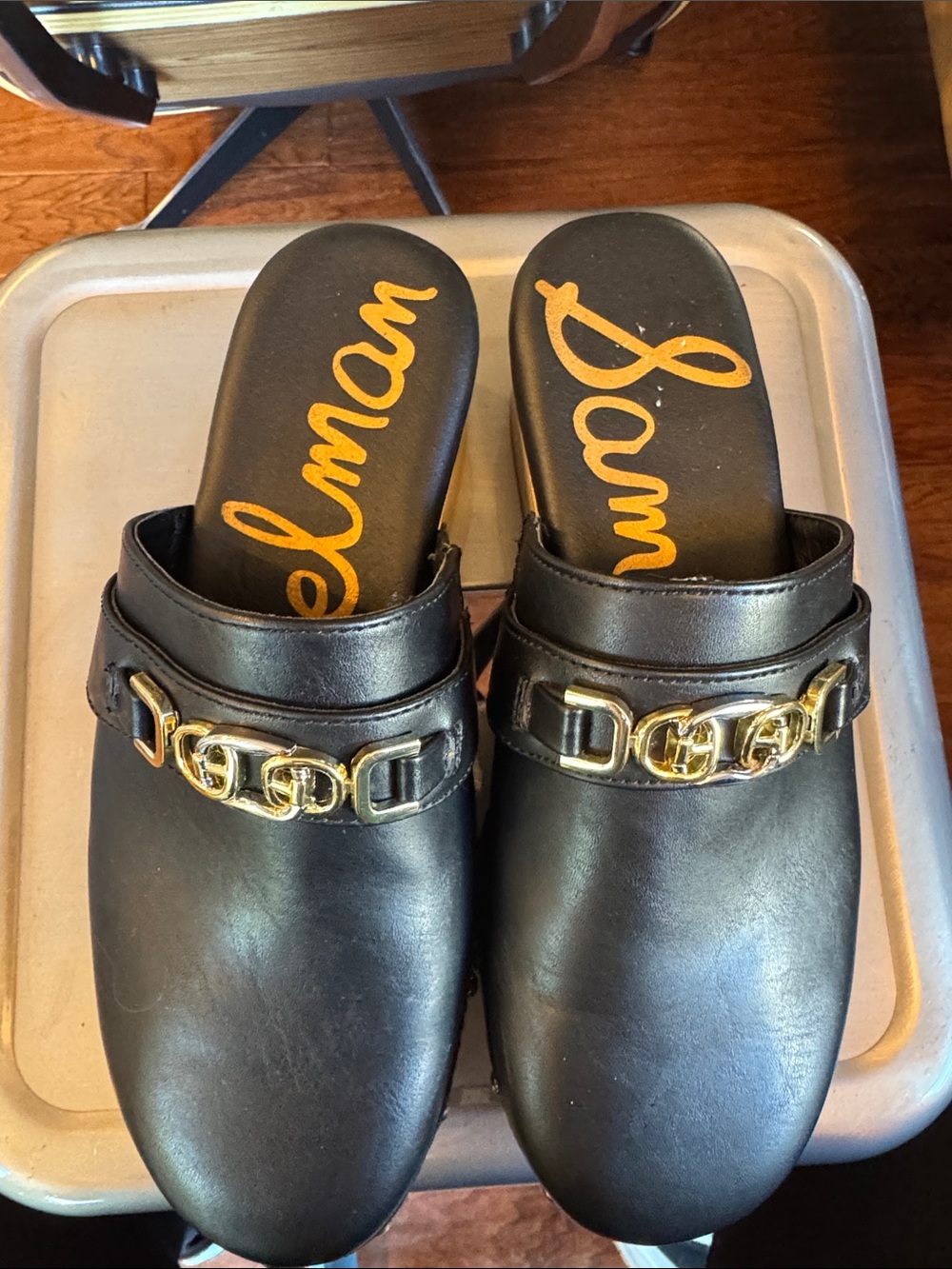 Sam Edelman Black Leather Slip-On Clogs with Gold Chain Accent - Picture 2 of 11